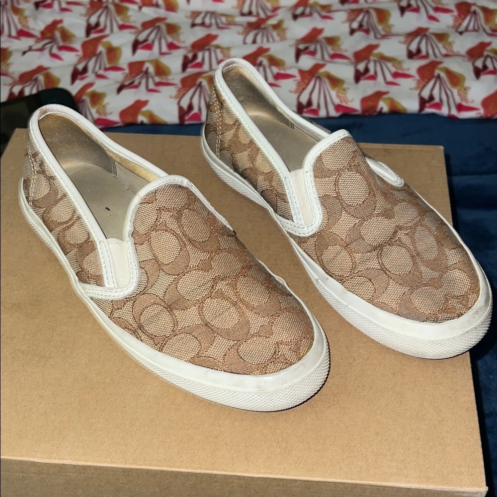 Coach Tan and White Slip-On Shoes